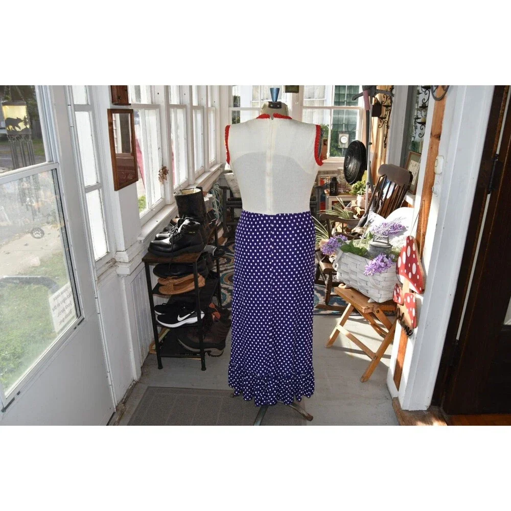 Vintage 1970s Sleeveless Beige Navy Polka Dot Maxi Dress Sleeveless Trim Small